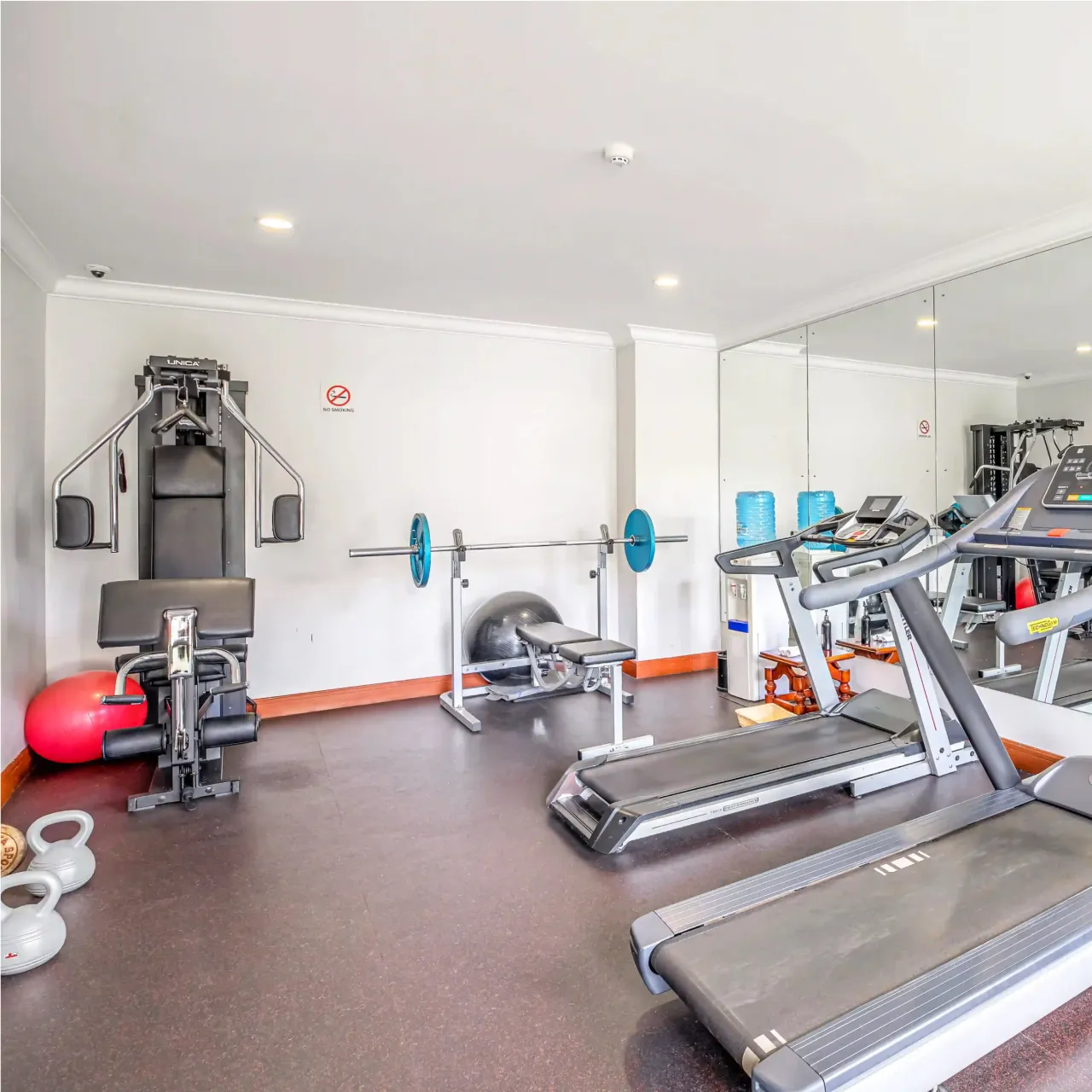 Modern fitness center with cardio equipment at Alba Hotel